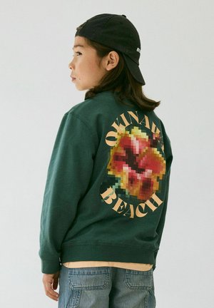 Junge Person in grünem Sweatshirt mit pixelartiger roter Grafik und beigem Text, trägt schwarze rückwärts gerichtete Kappe, schaut nach links vor einfarbigem Hintergrund.