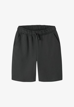 Shorts avec taille élastique noire, cordon de serrage et poches latérales, fabriqués en tissu doux et décontracté, adaptés à un usage quotidien.