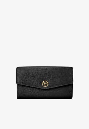 Cartera de cuero negro con un acabado texturizado, que presenta un logo dorado y un cierre de solapa. Forma rectangular, diseño slim para un fácil transporte.