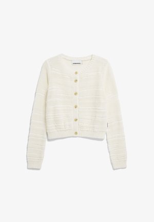 Cardigan corto color crema con un motivo in maglia testurizzata, dotato di un collo rotondo e sei bottoni sulla parte anteriore.