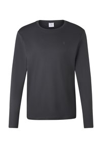 Dlouhý rukáv šedé košile, vyrobené z hladkého materiálu. Má kulatý výstřih a jemné logo na hrudi. Jednoduchý, minimalistický design.