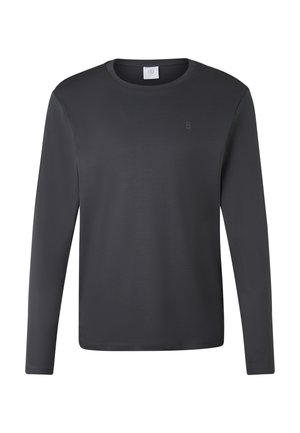 Langærmet skjorte i mørkegrå, lavet af glat stof. Har en rund halsudskæring og et diskret logo på brystet. Enkel, strømlinet design.