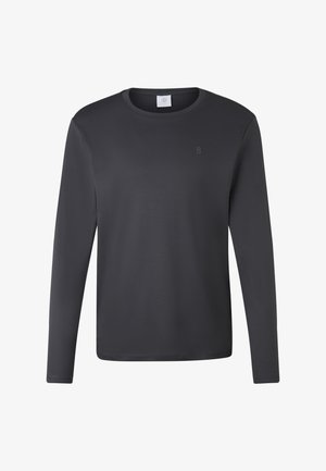 Langærmet skjorte i mørkegrå, lavet af glat stof. Har en rund halsudskæring og et diskret logo på brystet. Enkel, strømlinet design.