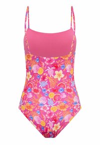 Maillot de bain une pièce avec bretelles réglables, fond rose vif et motifs floraux et marins éclatants dans diverses couleurs.
