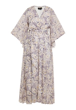 Maxikleid aus leichtem, floral gemustertem Stoff mit Wickeldesign, ausgestattet mit Glockenärmeln und einem gebundenen Taillenbereich. Die Farben umfassen sanftes Gelb und Lila.