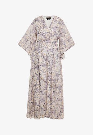 Maxi ruha könnyű, virágmintás anyagból, átkapcsolható kialakítással, harangujjakkal és megkötős derékrésszel. Színei közé tartozik a lágy sárga és a lilás árnyalat.