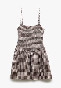 Ruskean ja valkoisen ruudullinen mekko, jossa on smokkibodice, ohuet olkaimet ja liehuva helma. Kangas on kevyt ja tekstuuri on mielenkiintoinen.