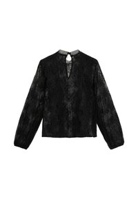 Zwarte kanten blouse met lange mouwen, een hoge halslijn, een keyhole rug en ingewikkelde floral patronen met textuurdetails.