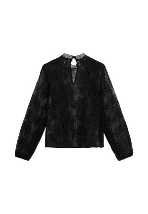 Blusa de encaje negro de manga larga con cuello alto, espalda con abertura en forma de lágrima y patrones florales intrincados con detalles texturizados.
