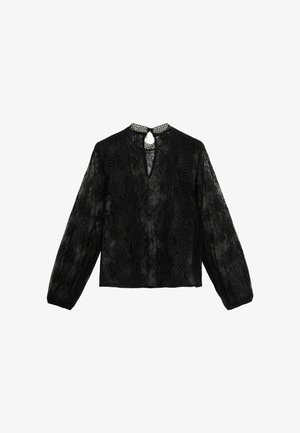Blusa nera in pizzo con maniche lunghe, caratterizzata da un colletto alto, apertura a chiave sul retro e intricati motivi floreali con dettagli testurizzati.