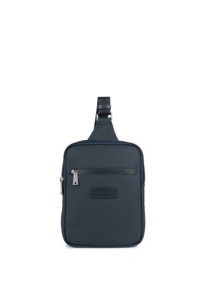 Navy blue sling bag with a sleek design; features a front zip pocket, smooth textured material, and an adjustable strap.
