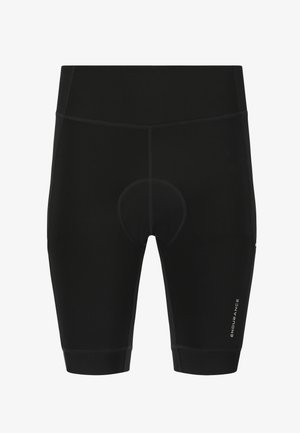 Zwarte fietsshorts met een nauwsluitend ontwerp, voorzien van een gevoerde inzet, vlakke naden en een logo aan de onderste linkerkant.