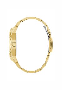 Montre-bracelet en métal doré avec un boîtier rectangulaire, surface lisse, accents décoratifs et une sangle de style bracelet à maillons.