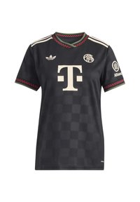 Čierny futbalový dres s červenými a zelenými detailmi, biele logo Telekom v strede, logá Adidas a tímu na hrudi a logo Allianz na rukáve.