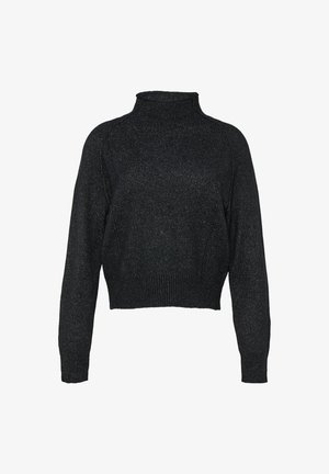 Musthave mustvalge sihtkudumine, mis on kaeluses kõrge. Valmistatud tekstureeritud, kootud kangast, millel on peen sära. Pikkade varrukatega ja soonikkoes äärisega.