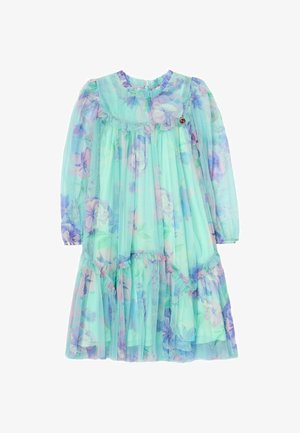 Robe longue vert menthe avec imprimé floral violet et bleu, manches longues transparentes, détails à volants et encolure ronde.