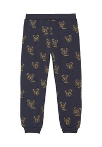 Marineblaue Sweatpants mit elastischem Bund, versehen mit einem sich wiederholenden Muster aus goldenen Bulldoggenköpfen und Textakzenten. Weiches Material.