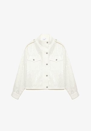 Veste courte blanche à sequins avec boutons-pression, deux poches à rabat à l'avant et épaulettes.