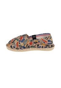 Chausson style espadrille en toile beige, présentant des motifs abstraits colorés. Semelle en corde de jute naturelle avec un bord cousu, doublure intérieure douce.