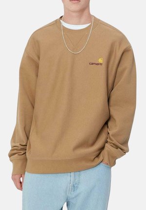 Sudadera de cuello redondo color marrón, hecha de algodón, con puños y dobladillo acanalados, y un pequeño logotipo bordado en el lado izquierdo del pecho.