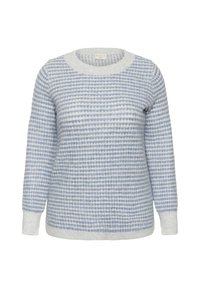 Pull en tricot bleu clair et blanc avec un motif rayé texturé, col rond et manches longues avec des poignets côtelés.