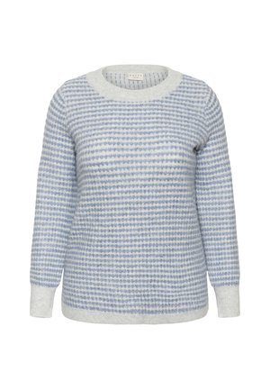 Maglione lavorato a maglia azzurro chiaro e bianco con un modello a righe testurizzato, scollo a girocollo e maniche lunghe con polsini a costine.