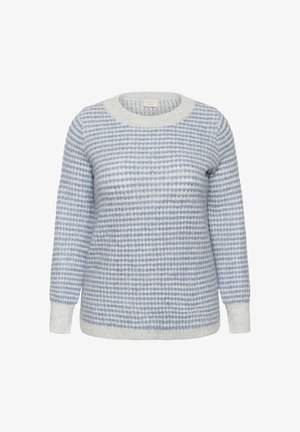 Pull en tricot bleu clair et blanc avec un motif rayé texturé, col rond et manches longues avec des poignets côtelés.