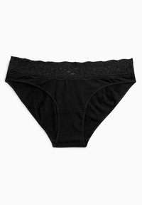 Zwarte katoenen ondergoed met een bloemenkant tailleband. De stof is glad met elastische zijkanten en een standaard snit voor een comfortabele pasvorm.