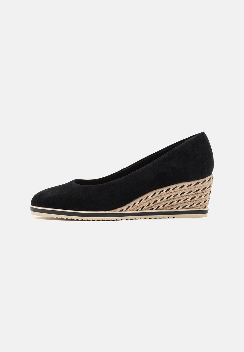 Chaussure à talon compensé en daim noir avec bout fermé et semelle plateforme beige tressée style espadrille.