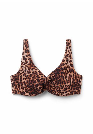 Leopardmönstrad bh med mjuka kupor, breda axelremmar och en knutdesign i nyanser av brunt och beige. Texturerat tyg med slät finish.