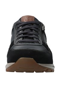 Black leather and suede sneakers with brown leather accent, lace-up front, zipper detail, textured sole, and reinforced stitching.