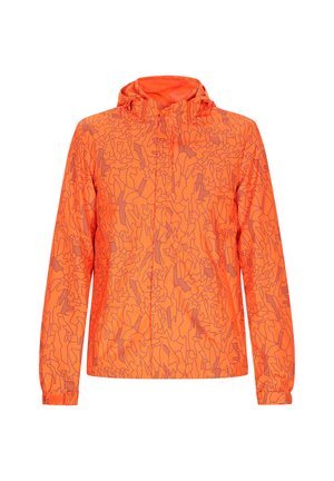 Oranžs viegls jakas ar ģeometrisku rakstu tumšākā oranžā krāsā. Ar kapuci un elastīgām piedurknēm, izgatavota no ūdensizturīga materiāla.