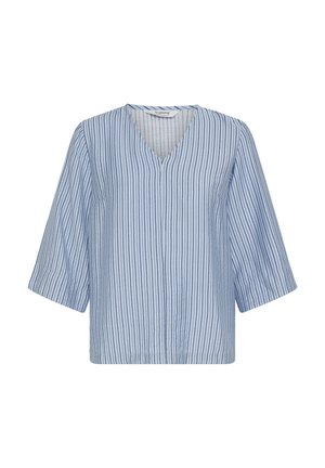 Ribaga sinine pluus V-kaeluse, kolmeveerandi varrukate ja lodeva lõikega. Valmistatud kergest kangast, millel on püstised triibud.