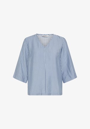 Ribaga sinine pluus V-kaeluse, kolmeveerandi varrukate ja lodeva lõikega. Valmistatud kergest kangast, millel on püstised triibud.