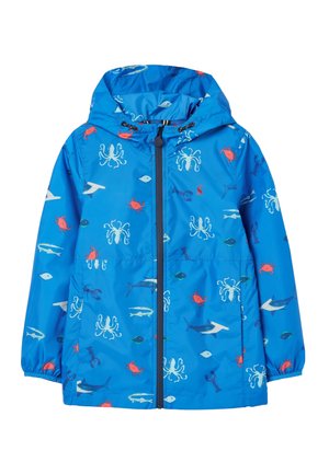 Niebieska dziecięca peleryna przeciwdeszczowa z kapturem, z zamkiem z przodu, z nadrukiem morskich zwierząt, w tym ośmiornic, krabów, ryb, homarów i rekinów.