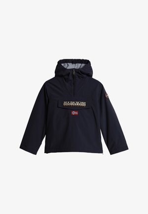 Veste à capuche bleu marine avec fermeture éclair frontale, poche à rabat, écusson avec le logo Napapijri et petit emblème du drapeau norvégien sur la poitrine.
