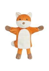 Stuffed fox toy with orange corduroy body, white plush belly, and brown accents on ears and paws. Arms outstretched, smiling face.