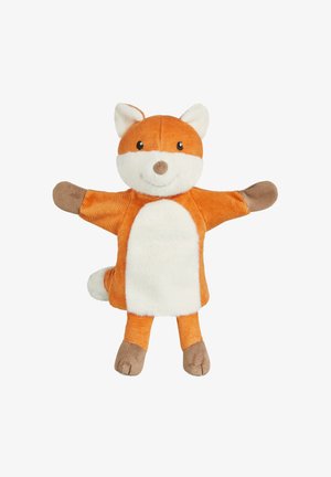 Stuffed fox toy with orange corduroy body, white plush belly, and brown accents on ears and paws. Arms outstretched, smiling face.