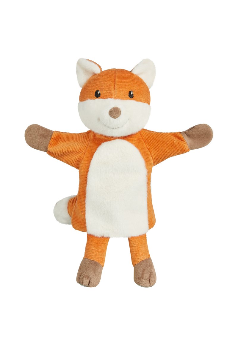 Stuffed fox toy with orange corduroy body, white plush belly, and brown accents on ears and paws. Arms outstretched, smiling face.