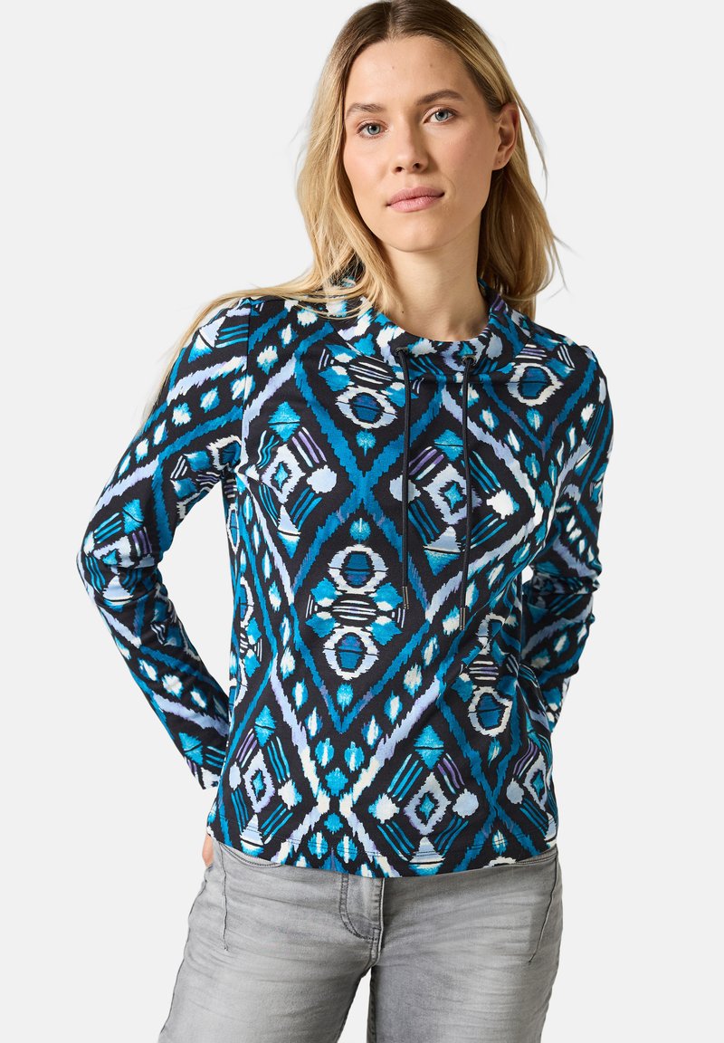 Langarm hoodie in blauw en zwart met een patroon van diamanten, trekkoord bij de hals en een zachte, gestructureerde stof.