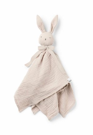 Blød beige babykomforter med en kaninhoved og ører, bundet med et bånd omkring halsen, lavet af tekstureret stof.