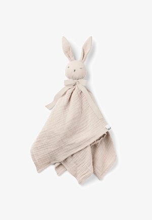 Blød beige babykomforter med en kaninhoved og ører, bundet med et bånd omkring halsen, lavet af tekstureret stof.