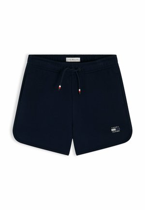 Marineblå snøre-shorts med sidelommer, afrundede kanter og et lille Tommy Hilfiger-logo på højre forben.
