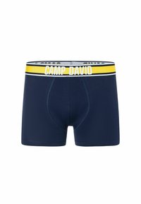 Boxer in un morbido tessuto blu navy, con un elastico giallo e bianco in vita che riporta la scritta "CAMP DAVID".