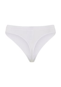 Culotte en dentelle blanche en matériau lisse avec une texture côtelée, offrant une couverture minimale et sans matériel ni embellissements visibles.