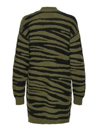 Vestido de suéter de manga larga hasta la rodilla con patrón de rayas de tigre en verde oliva y negro y puños y cuello acanalados.