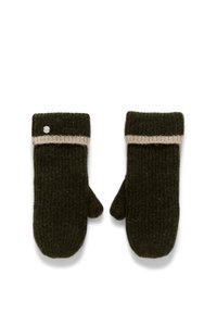 Strikkede uldvantar i mørkegrøn med et lys beige ribbet manchet. Har en lille, cirkulær metalaccent på manchetten.