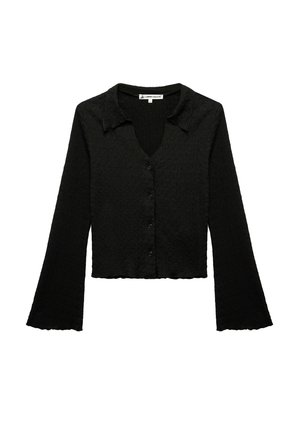 Schwarzes, kurz geschnittenes Shirt mit langen, ausgestellt geschnittenen Ärmeln. Verfügt über eine strukturierte Oberfläche, einen V-Ausschnitt und eine Knopfverschlussleiste auf der Vorderseite.