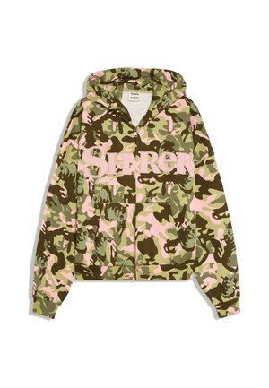 Kapuzenjacke mit Reißverschluss, grün-pinkes Camouflage-Muster und großen pinken "SHREK" Buchstaben vorne.