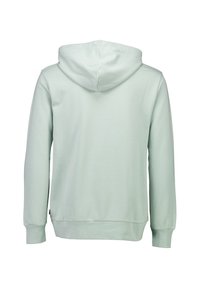 Sudadera verde claro con capucha ajustable, mangas largas y puños acanalados. Hecha de un tejido suave con una textura lisa y sin patrones visibles.